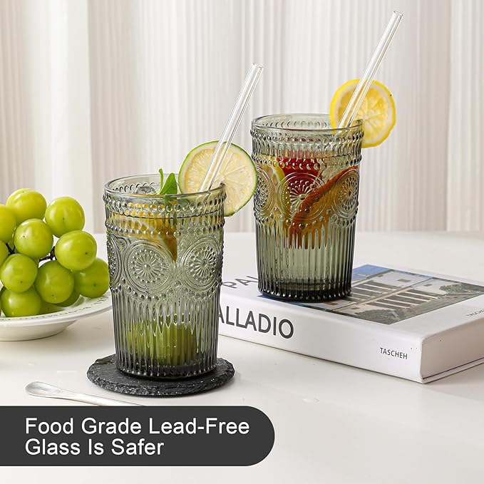 Vintage Glassware Drinking Glasses Set of 6,13 oz Grey Textured Flower Design Glass Water Tumblers,Embossed Striped Drinkware for Water,Cocktails,Juice,Iced Coffee