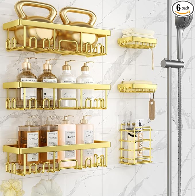 Veken Adhesive Shower Caddy 6-Pack,Gifts for Women Mom,Heavy Weight Bearing,Large Wall Mounted Bathroom Shelves Rack,Organizer Storage Accessories with Soap Dish&Toothbrush Holder,Bright Gold