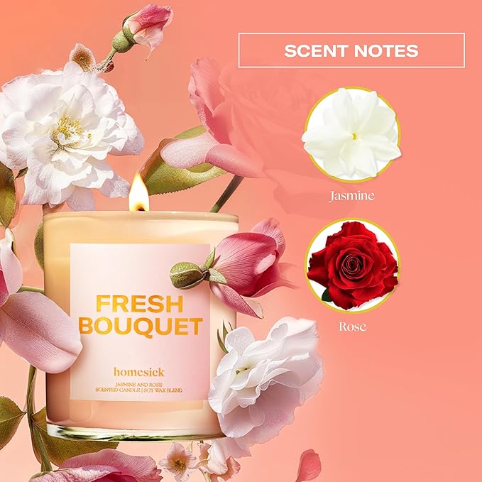 Homesick Scented Candles for Home (Fresh Bouquet) - 7.5 oz Long-Lasting Natural Soy Wax Blend Jar Candle Gift for Women & Men for All Occasions, 30-35 Hours Burn Time - Notes of Jasmine & Rose