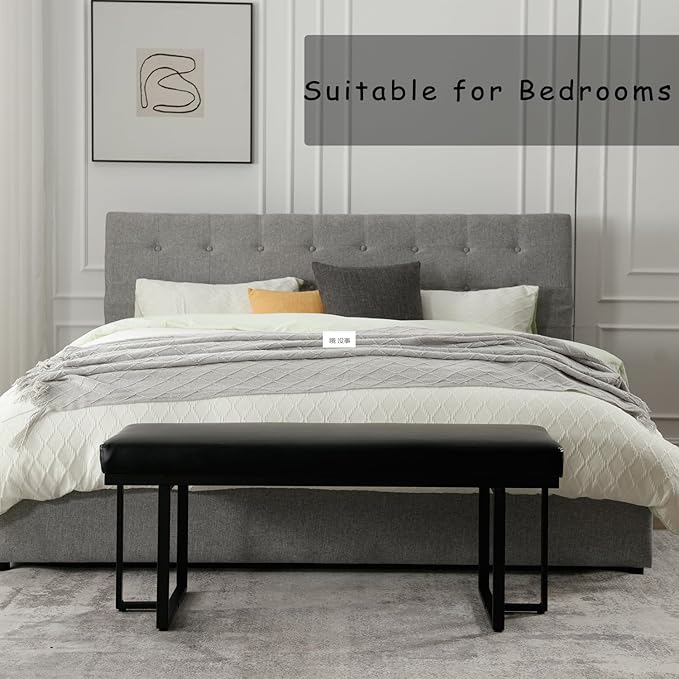 45" Modern Ottoman Bench for Bedroom, Black Faux Leather Upholstered Entryway Bench with Soft Cozy Cushion End of Bed Bench Kitchen Bench with Black Metal Frame for Living Room/Window/Hallway
