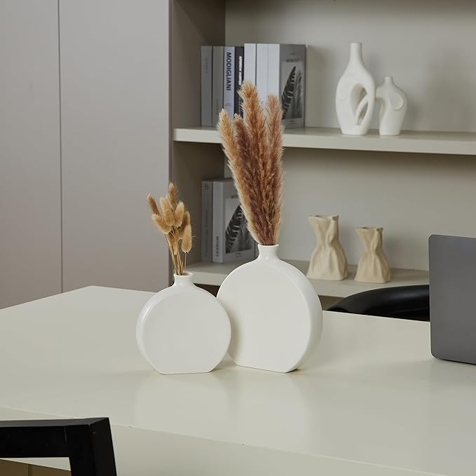 White Ceramic Vase Set of 2, Boho Vase for Decor, Matte Frosted Texture Finish,Modern Rustic Farmhouse Home Decor,Vases for Pampas Grass&Dried Flowers,idea Shelf,Table,Mantel,Entryway