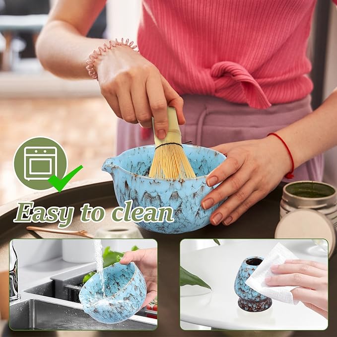 2Pcs Ceramic Matcha Bowl and Whisk Holder Set Easy to Use Tea Bowl and Whisk Stand Easy to Clean Matcha Tea Mixing Tool for Lover.(Kiln turns blove,2PCS)