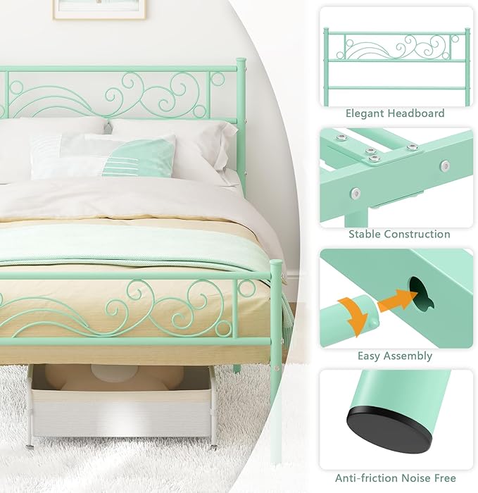 Weehom Twin Bed Frames with Headboard, Heavy Duty Metal Platform No Box Spring Needed Under-Bed Storage Easy Assembly Twin Sized Bed for Kids Girls Adults,Mint Green