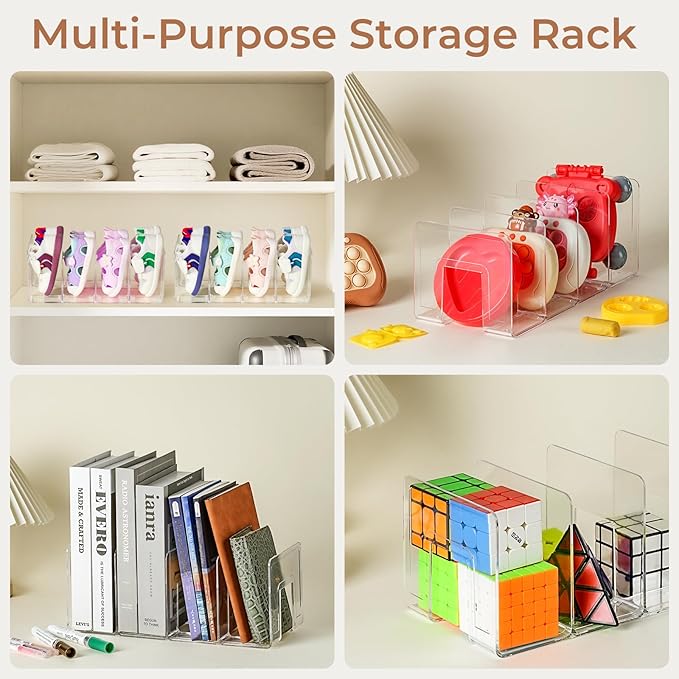 Clear Acrylic Kids Shoe Rack for Closet Organizers and Storaget, Baby Shoe Storage Small Shoe Rack 4 Sections Kids Shoe Organizer Stackable,Desk File Sorter Book Purse Organizer 2PC