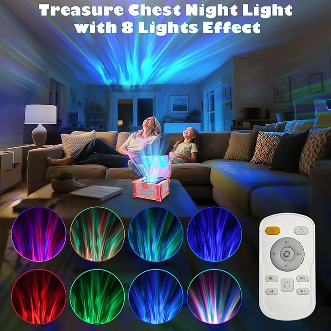 Treasure Chest Galaxy Projector with Bluetooth Speaker for Kids Room Decor, Nebula Aurora Galaxy Night Light Projector Ceiling Projection Nightlight with 8 White Noises, Timing for Bedroom, Kids Room