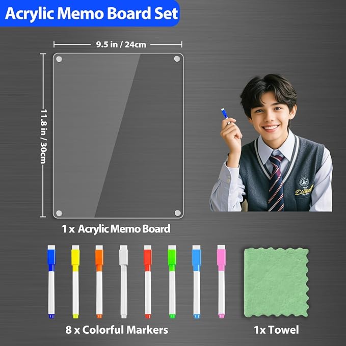 PigPotParty Clear Acrylic Magnetic Whiteboard for Fridge, 1 Pack 9.5"x12" Dry Erase Board Blank Memo to Do Shopping/Grocery List Meal Planner Chore Chart for Adult Teens Kids, w/ 8 Markers & 1 Towel