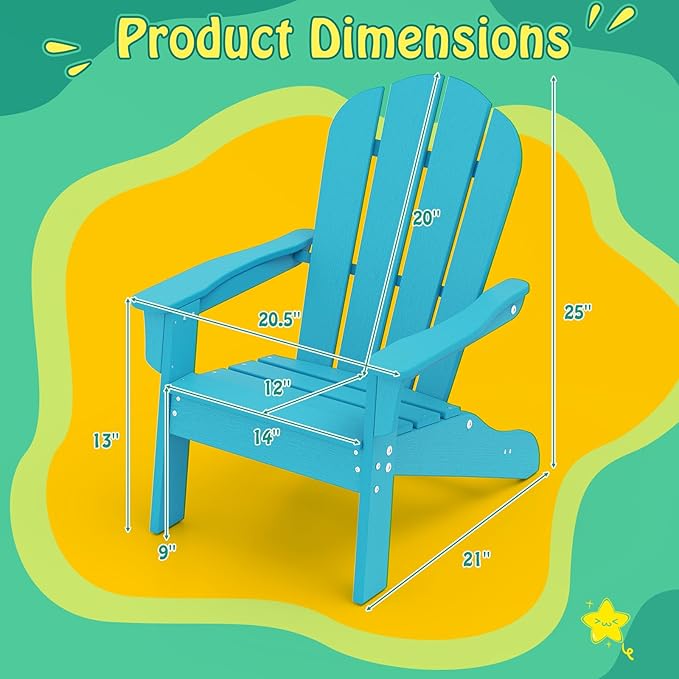Giantex HDPE Kids Adirondack Chair - All-Weather Lawn Toddler Chair with Ergonomic Design, Children’s Outdoor Chair for Toddlers Ages 3-8, Kid’s Patio Furniture for Deck, Garden (1, Turquoise)