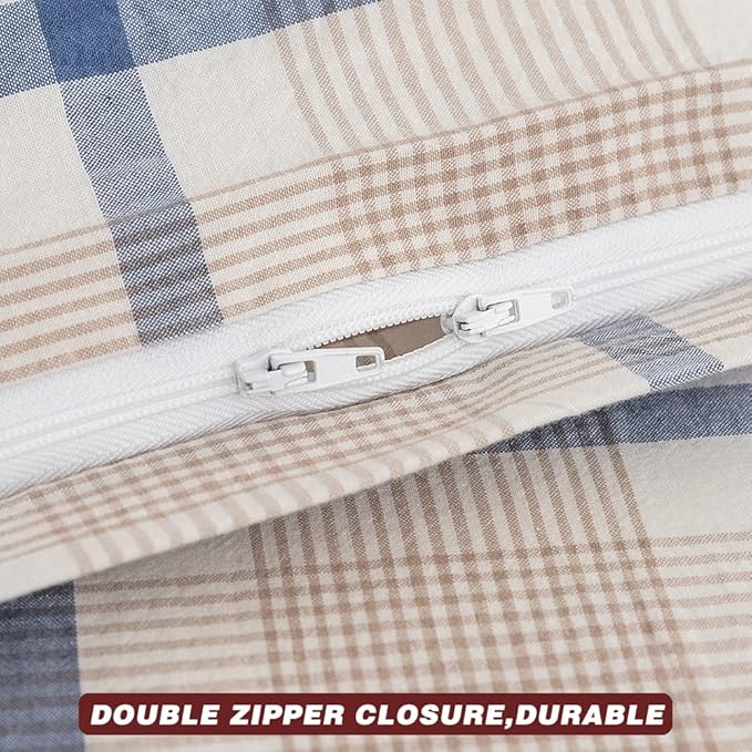 FACE TWO FACE Bedding Duvet Cover Set 3 Pieces 100% Washed Cotton Duvet Cover Linen Like Textured Breathable Durable Soft Comfy(King, Blue Grid)