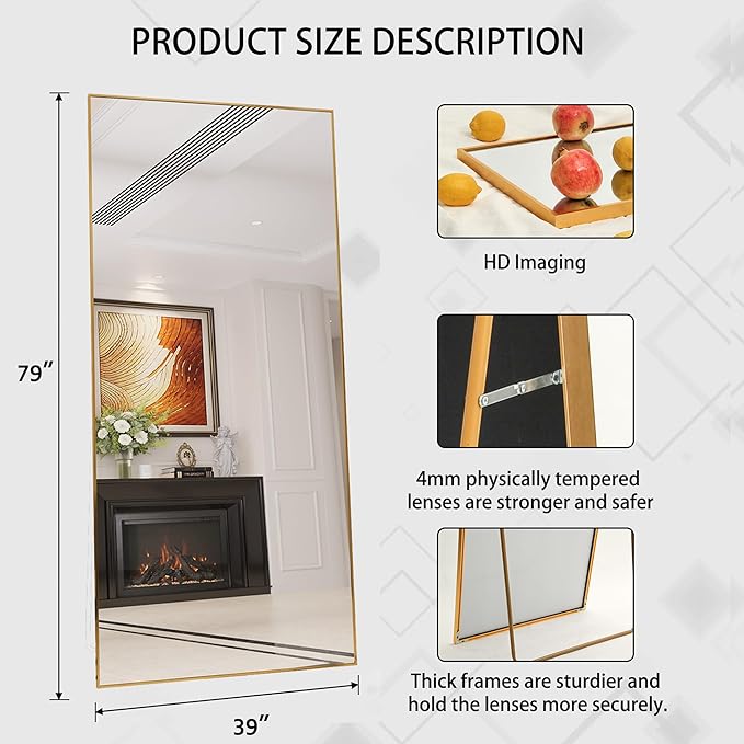 Beauty4U 79" x 39" Large Full Length Mirror with Stand, Metal Frame Gold Wall Mounting Full Body Tempered Mirror for Living Room, Bedroom
