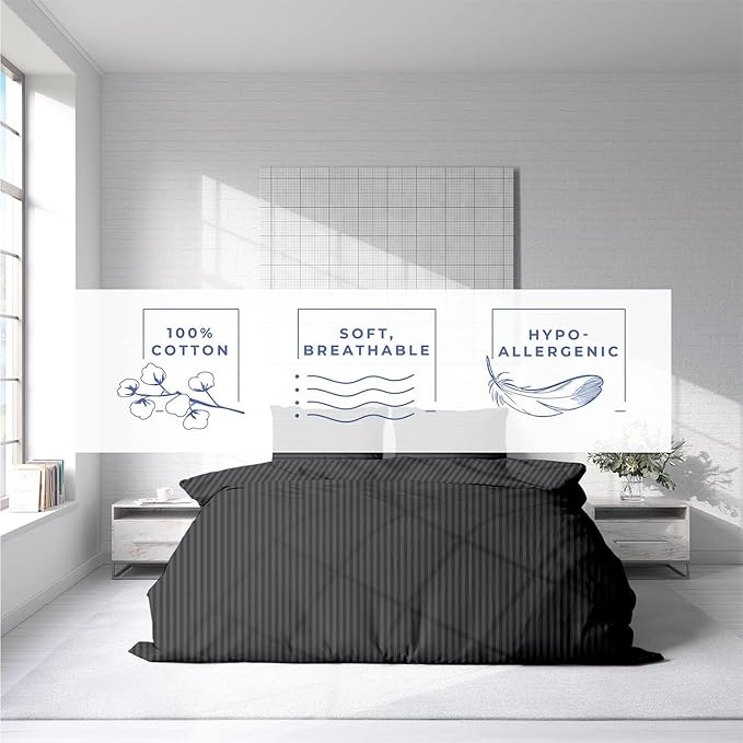 Kotton Culture 3 Pc Queen Size Duvet Cover Set- 100% Egyptian Cotton Sateen 600 TC Ultra Soft Premium Durable Comforter Cover Zipper Closure & Corner Ties (Striped Dark Grey, Queen/Full 90" X 90")
