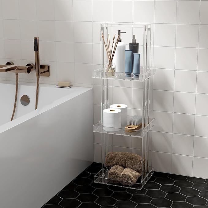 Aquiver Acrylic Standing Shower Caddy - 3 Tier Shower Organizer Stand with Handle - Corner Shower Caddy for Inside Bathroom, Bathtub, 11'' L x 10'' W x 34.6'' H, Clear