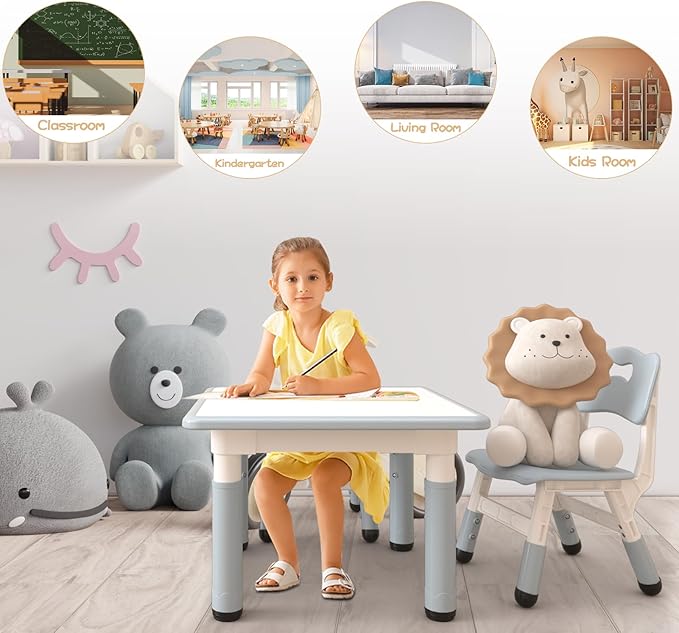 GarveeHome Kids Table and 2 Chairs Set, Height Adjustable Toddler Table and Chair Set for 2, Graffiti Desktop, Non-Slip Design, Children Table for Home Daycare Preschool for Ages 2-8, Gray Blue