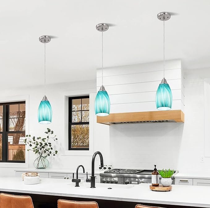 Mini Pendant Light,Handcrafted Art Glass Pendant Lighting Shade with Brushed Nickel Finished Teal Glass Ceiling Hanging lamp Adjustable Cord for Kitchen Island,Hallway,Dining Room