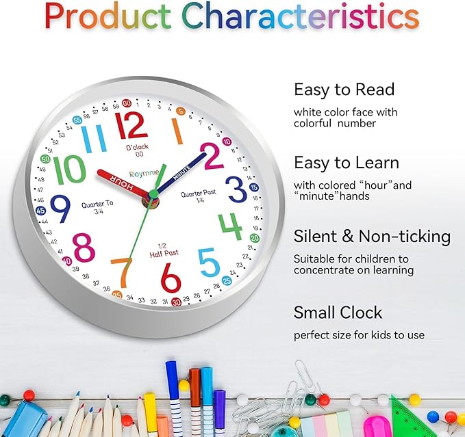 Wall Clock for Kids Learning to Tell Time Easily Non Ticking Battery Operated Kids Teaching Clock Silent Colorful Teaching Time Clock Decorative for Kids Room Classroom School (8 Inch)