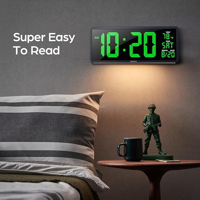 YORTOT 16β Large Digital Wall Clock with Remote Control and 7 Night Lights, 4 Level Dimmer, Super Easy to See, Big LED Clock with Indoor Temperature, Date, Perfect for Home, Office, Gym (Green)
