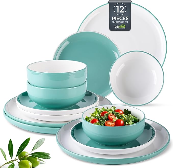 GBHOME 12 Pieces Ceramic Dinnerware Set, Modern White Dish Set for 4,Scratch Resistant Smooth Plates and Bowls Sets,Oven Safe,Microwave & Dishwasher