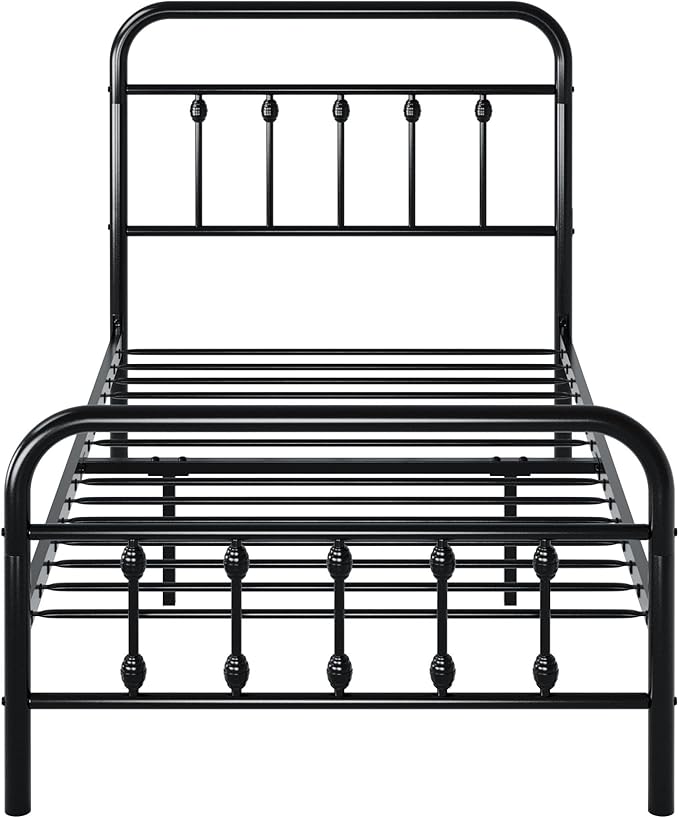 Allewie 14 Inches Twin Size Metal Platform Bed Frame with Victorian Style Iron-Art Headboard/Footboard, Mattress Foundation, Easy Assembly, Under Bed Storage, No Box Spring Required, Black