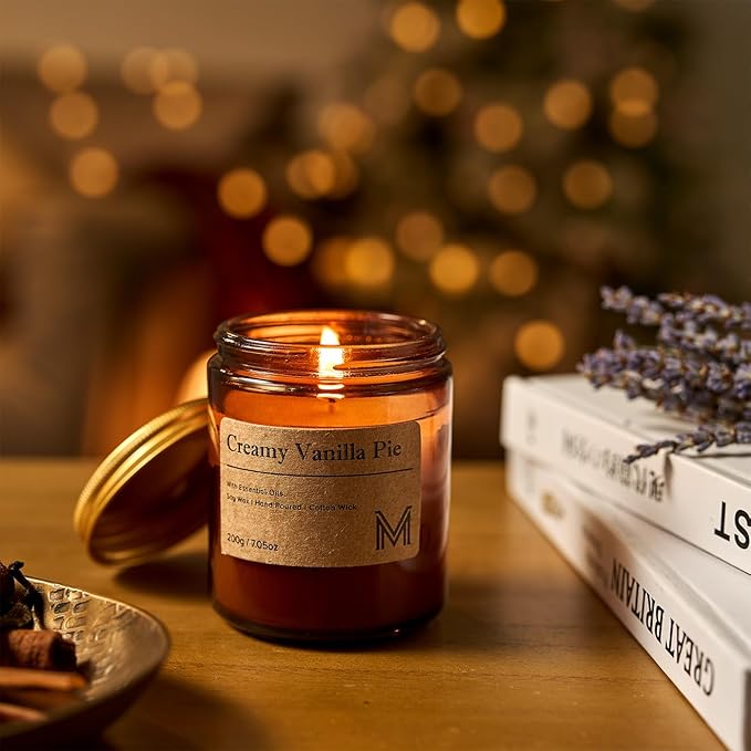 M&SENSE Creamy Vanilla Pie Candles for Home Scented Aromatherapy Candle Gift Set for Women and Men,7.05oz Soy Wax Long Lasting Amber Jar Candles Gift for Birthday Housewarming Mother's Valentine Day