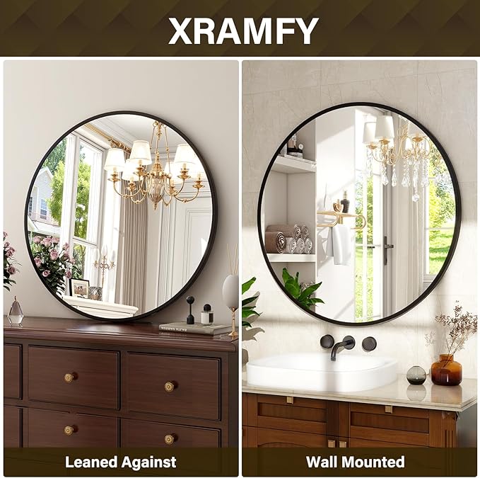 24 Inch Round Mirror - Circle Mirrors for Bathroom, Entryway and Living Room Wall Decor, Modern Hanging Vanity Mirror, Matte Black Circle Decorative Wall Mirror