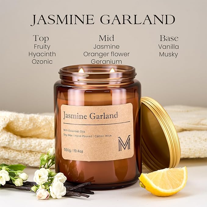 M&SENSE Jasmine Garland Home Scented Candle | 19.4oz, 115-Hour Burn | Natural Organic Soy Wax | Long-Lasting for Stress Relief and Gifting | for Bedroom,Relaxing SPA,Office