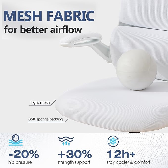 Ergonomic Mesh Office Chair, 400 lbs Capacity, High Back Desk Chair with Adjustable Lumbar Support, 3D Headrest, Flip-Up Armrests, and PU Wheels for Long Workdays and Home Office (White)