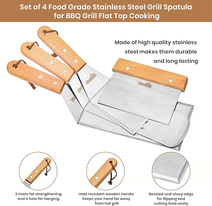 Stanbroil Metal Spatula and Bench Scraper Set for Griddle, Commercial Grade Stainless Steel Flat Top Grill Utensils, Set of 4
