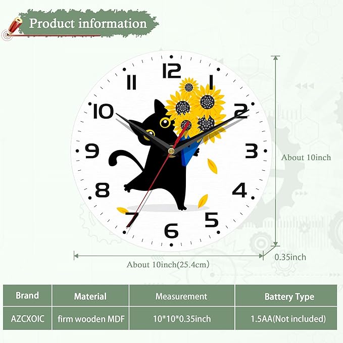 Wall Clocks,Black Cat Wall Clock Decorative,Sunflower Kitchen Wall Clock Battery Operated-10 Inch Round Bathroom Clocks Silent Non-Ticking