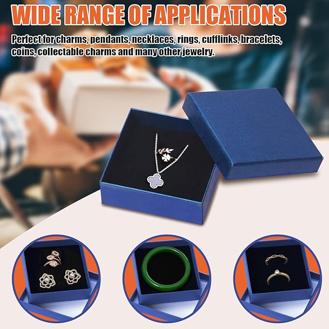 Tanstic 12Pcs Cardboard Jewelry Gift Boxes Kit, 3.5 x 3.5 x 1.2 Inch Navy Blue Gift Boxes Cardboard Jewelry Boxes with 74ft White Ribbon and Scissor for Rings, Necklaces, Earrings, Bracelets