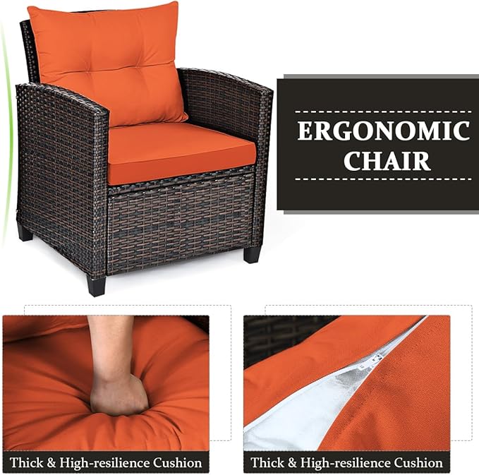 Tangkula 3 Pieces Patio Furniture Set, PE Rattan Wicker 3 Pcs Outdoor Sofa Set w/Washable Cushion and Tempered Glass Tabletop, Conversation Furniture for Garden Poolside Balcony (Orange)