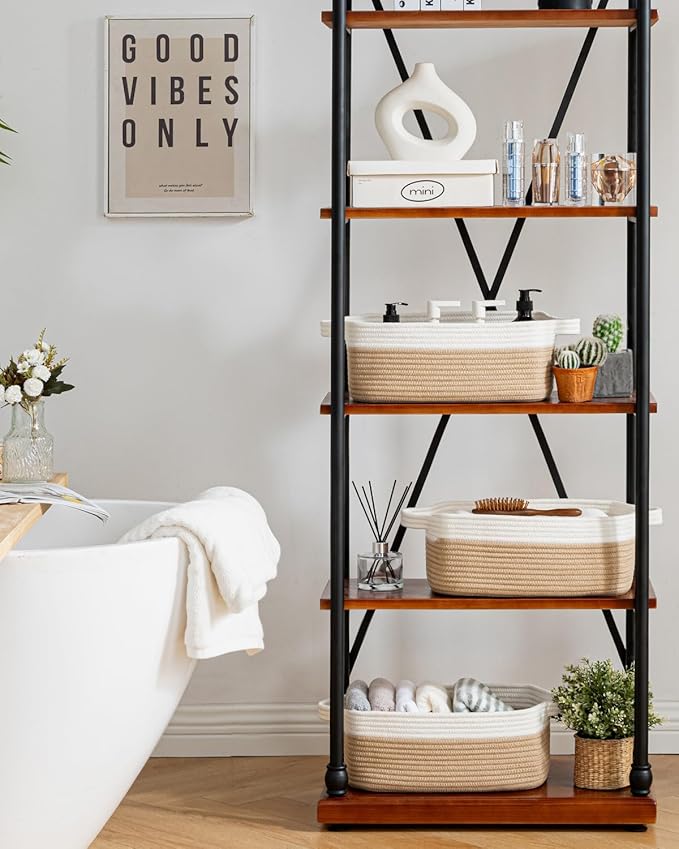 KALLAX Small Woven Basket, 14 x 10 x 5.6 Inches, Small Storage Baskets for Organizing, Gift Baskets Empty, Cute Rope Shelf Closet Storage Bins for Shelves, Dog Toy Basket, White & Brown