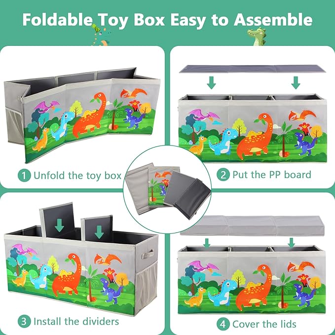 Extra Large Toy Box Chest with Lids, Collapsible Toy Storage Organizer for Kids, Dinosaur Toy Bin Box for Toddlers Boys Girls, Toy Organizer for Living Room Nursery Playroom Bedroom Home Grey