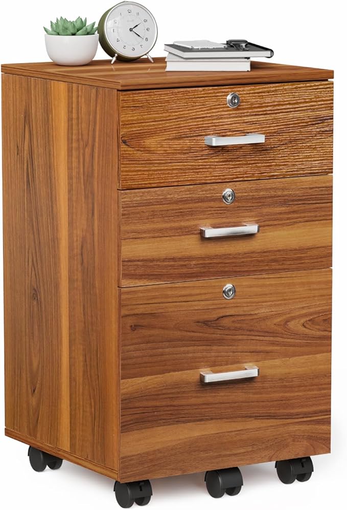 VINGLI 3-Drawer File Cabinet with Lock, Wood Rolling Filing Cabinets for Home Office, Mobile Printer Stand, Under Desk File Organizer for Letter Sized Files, 26" H(Caster Included), Walnut
