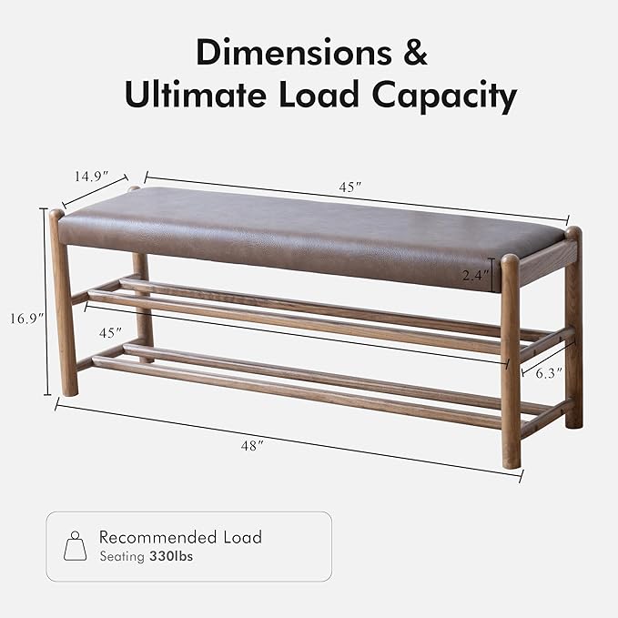 Solid Wood Entryway Bench with Shoe Storage, Rustic Oak Wood and PU Leather 45 Inch Long Seating for Living and Dining Rooms, 3-Tier Brown