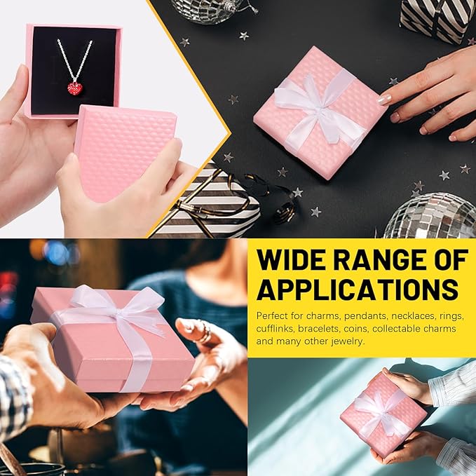 Glarks 12pcs Pink 9 x 9 x 3CM Jewelry Gift Boxes with Pink Scissors and 1.5 x 225CM White Polyester Ribbon Set, Diamond Pattern Necklace Earring Bracelet Boxes Gift Case Ideal