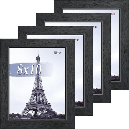 VCK 8x10 Picture Frame Set of 4 - Black, Gallery-Quality Wood Poster Frames, 1.1-Inch Wide Border, Polished Plexiglass, Vertical or Horizontal Wall & Tabletop Display for Photo/Art/Prints, Black