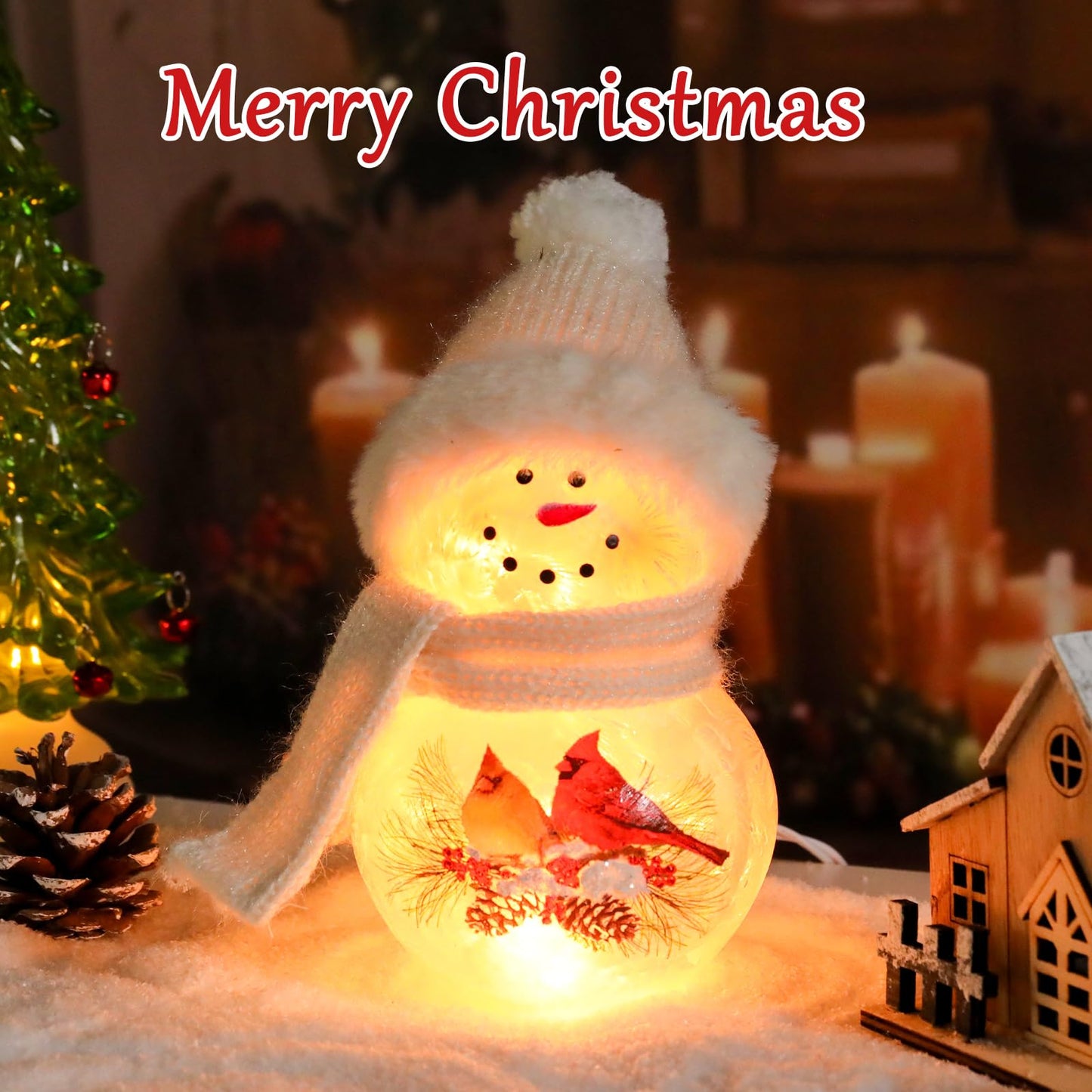 VCUTEKA Crackle Glass Snowman Lamp, Lighted Stained Glass Christmas Decoration with Red Cardinals, White Scarf and Hat, LED Holiday Night Light for Xmas Home Décor or Gift