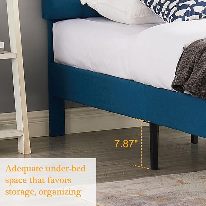 VECELO Twin Size Bed Frame Upholstered Platform with Tufted Adjustable Headboard/Mattress Foundation with Wood Slat Support, Easy Assembly,Blue