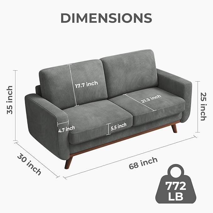 Vesgantti 68" Loveseat Sofa Dark Gray, Comfy Corduroy Couch with Spring Cushion and Solid Wood, Modern Extra Deep Seat for Bedroom, Living Room, Office