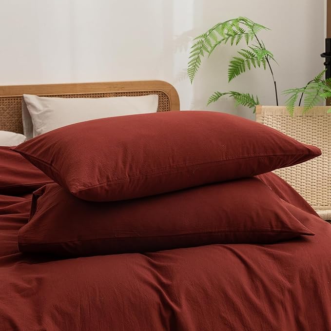 BESTOUCH Duvet Cover Set 100% Washed Cotton Linen Feel Super Soft Comfortable Chic Lightweight 2 PCs Home Bedding Set Solid Fired Brick Red Twin/Twin XL