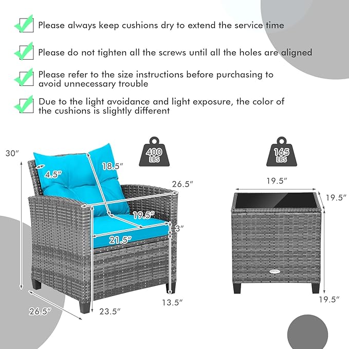 Tangkula 3 Pieces Patio Furniture Set, Outdoor PE Rattan Conversation Chair Set with Tempered Glass Side Table and Removable Cushions, PE Wicker Chairs and Table Set for Porch, Balcony and Garden