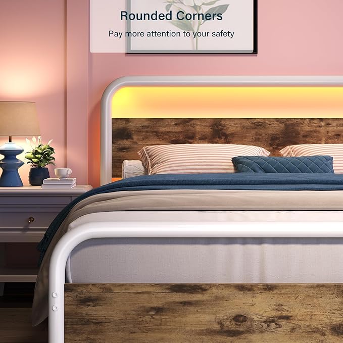 Catrimown Queen Size Bed Frame, Queen Bed Frame with Led Headboard, Metal Platform Bed Frame with 12" Under Bed Storage, Noise Free, No Box Spring Needed, White