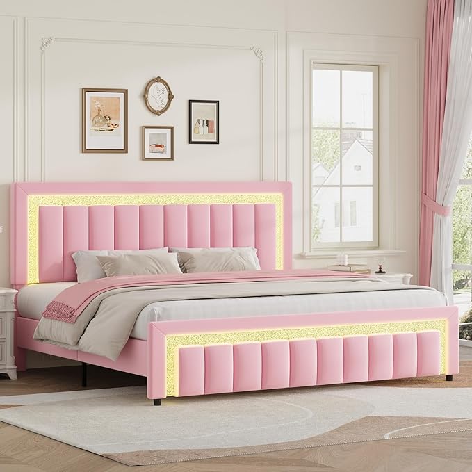 HOMBCK King Size Bed Frame with LED Lights and Velvet Upholstered Headboard, Bed Frame King with Modern Diamond Headboard Adjustable, Wooden Slats Support, Noise Free, No Box Spring Needed, Pink
