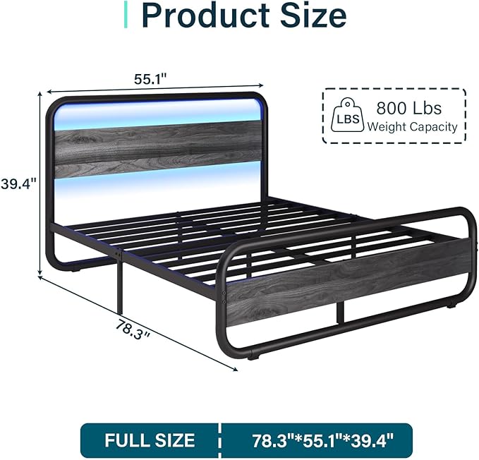 Catrimown Full Size Bed Frame, Metal Full Bed with LED Light and Under Bed Storage, Heavy Duty Platform Bed Frame with Wood Headboard, Noise Free, No Box Spring Needed
