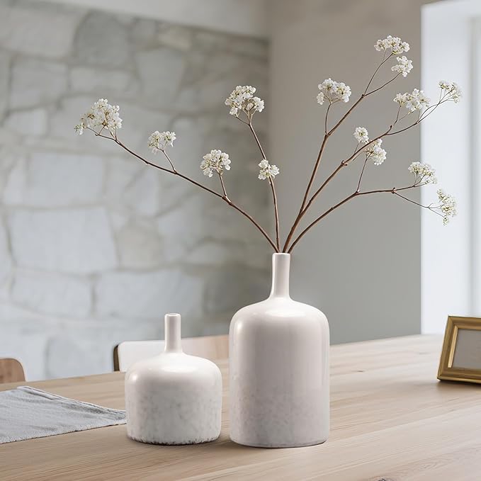 White Ceramic Vase Set - Set of 2 Table Vase, Ceramic Flower Vases for Centerpieces, White Reactive Long Neck Vases, Large Tabletop Living Room Decor 9.5 Inch Cynkeyee