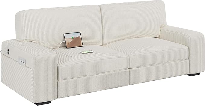 Yaheetech 83.5" W Modern Sofa Couch Corduroy Fabric Sofa with Detachable Cover, USB Charging Ports & Side Storage Pockets for Living Room Apartment, Ivory