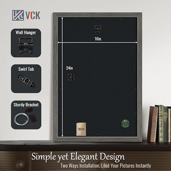 VCK 16x24 Poster Frame Set of 4 - Grey, Gallery-Quality Wood Picture Frames, 1.1-Inch Wide Border, Polished Plexiglass, Vertical or Horizontal Wall Display for Photo/Art/Prints, Grey