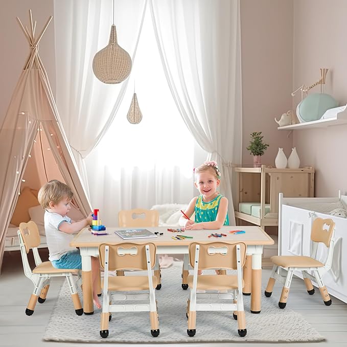 Arlopu Kids Table and 6 Chairs Set, Height Adjustable Graffiti Desk, Preschool Activity Art Craft Table, for Daycare Classroom Home Boys and Girls Age 3-12 (Beige)