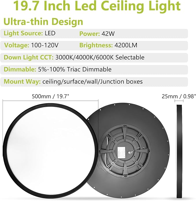 20 Inch 4200LM Large LED Flush Mount Ceiling Light Flixtures - 42W 3 Color Temp (3000K/4000K/6000K), Ultra-Thin Flat Dimmable Ceiling Fixtures for Living Room,Bedroom, Kitchen,Office,Black