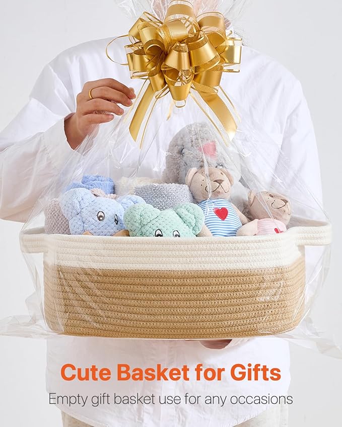 KALLAX Small Woven Basket, 14 x 10 x 5.6 Inches, Small Storage Baskets for Organizing, Gift Baskets Empty, Cute Rope Shelf Closet Storage Bins for Shelves, Dog Toy Basket, White & Brown