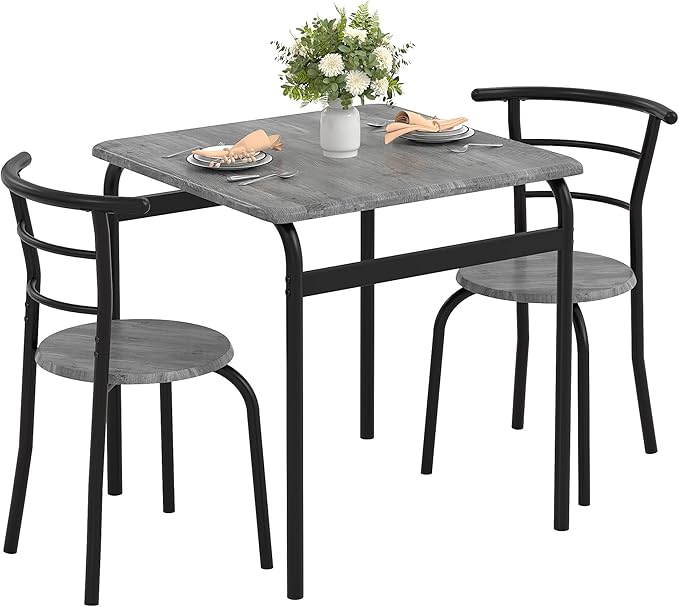 VECELO 3 Piece Dining Table & Chairs Set for 2, Metal and Wooden Square Kitchen Dinette Set for Small Space, Breakfast Nook, Saving Space, Grey